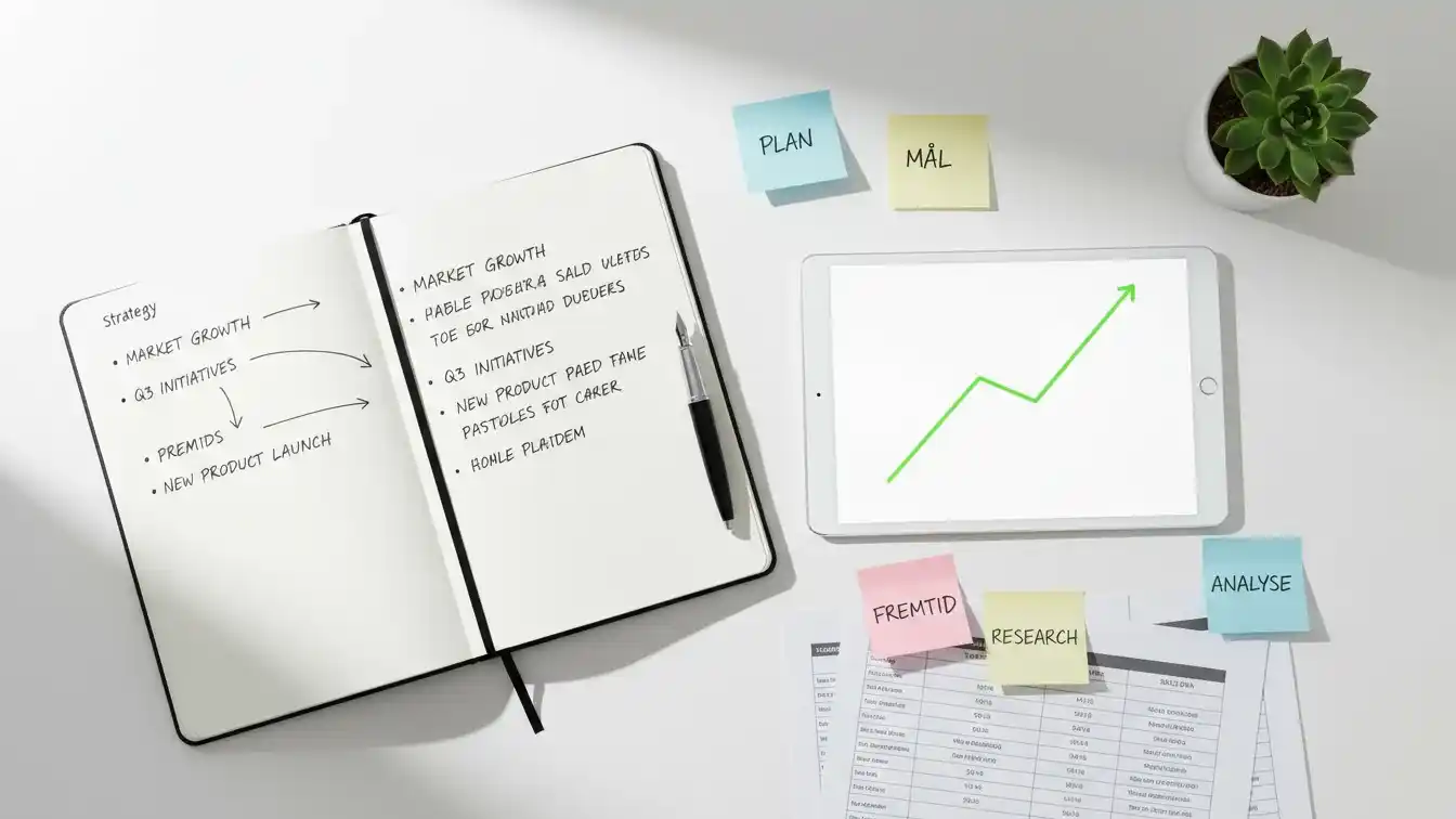 Organiseret arbejdsplads med notesbog, tablet og strategiske planlægningsnotater