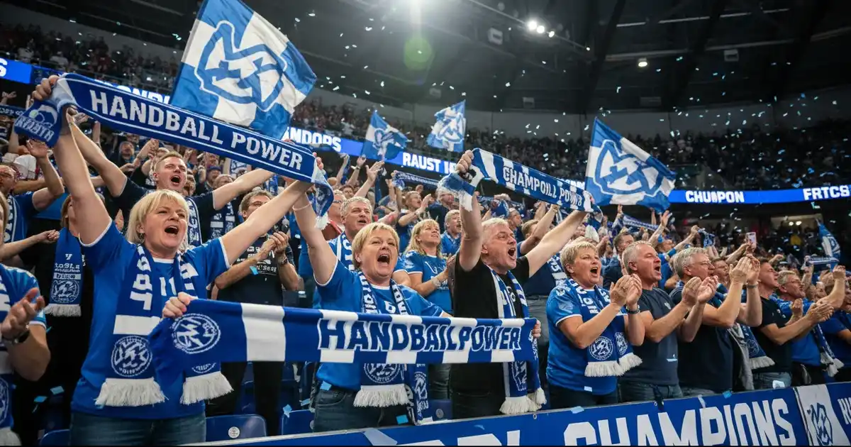 Begejstrede håndbold-fans jubler på tribunen under spændende kamp