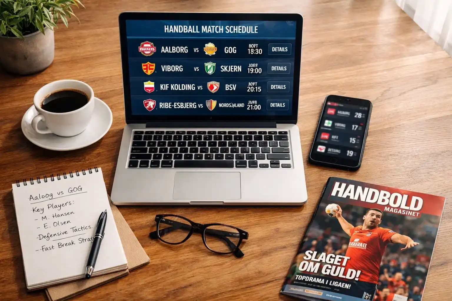 Organiseret skrivebord med laptop der viser håndbold kampprogram og smartphone med live scores