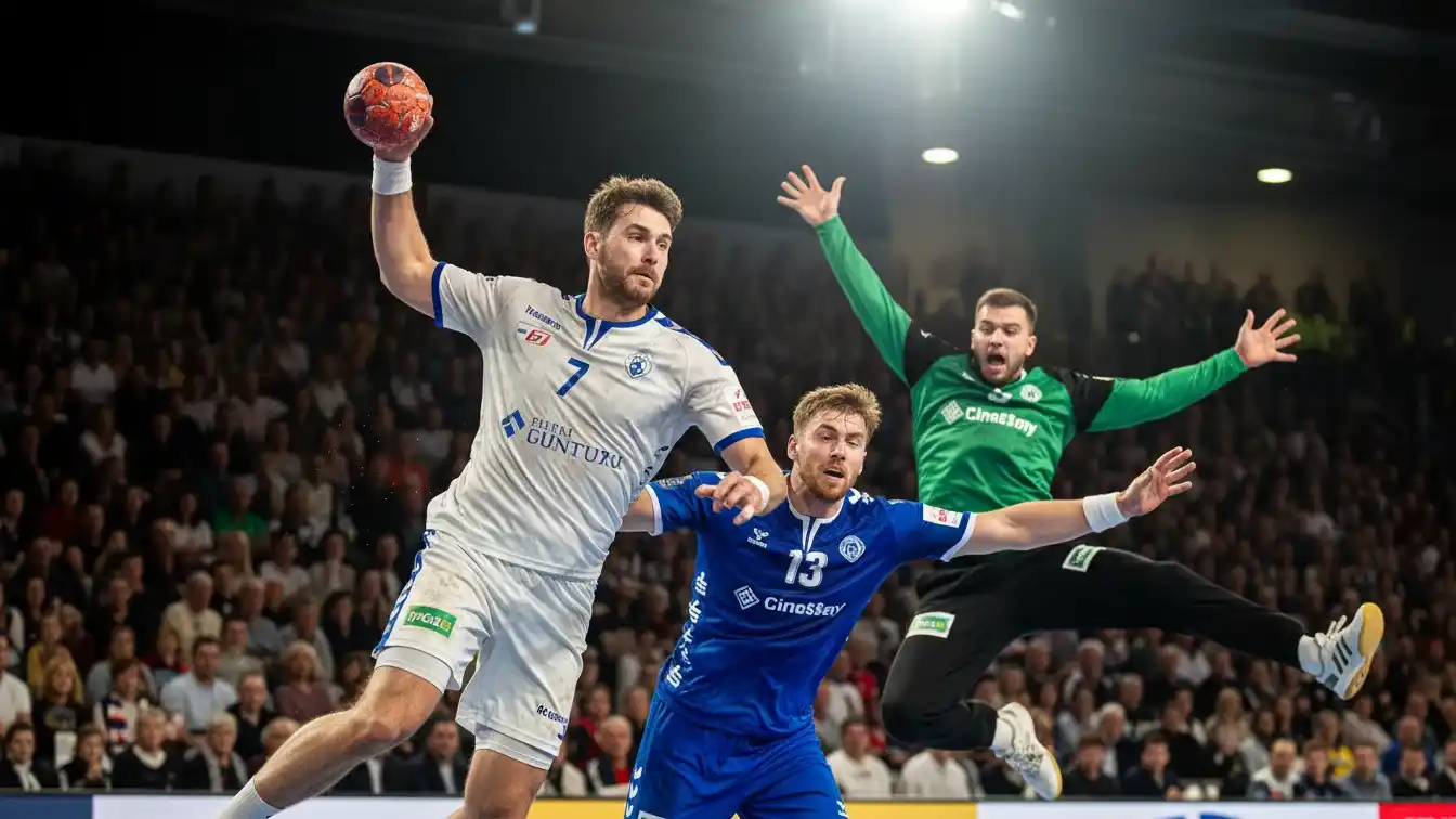 Intens håndboldkamp med spillere i aktion og engageret publikum