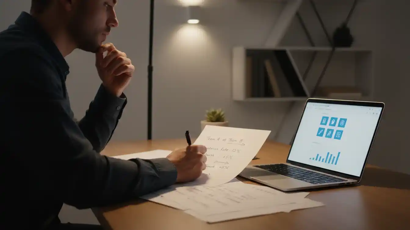 Fokuseret person ved skrivebord der sammenligner analyse med noter