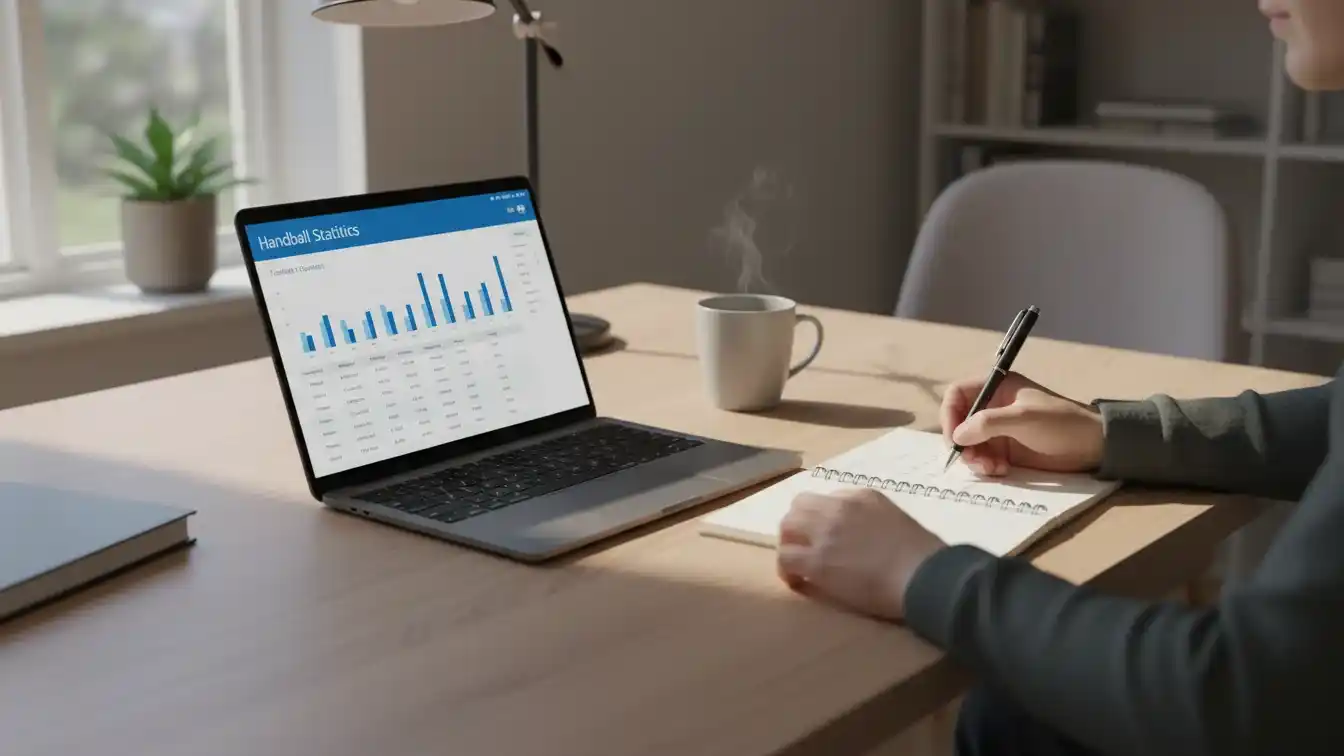 Person analyserer håndboldstatistik på laptop med notesblok ved siden af