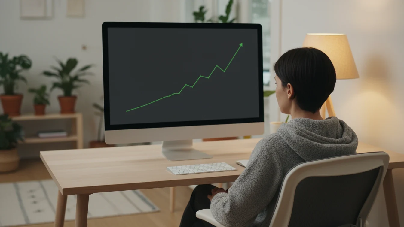 Person ser på opadgående graf på computerskærm i hjemmekontor