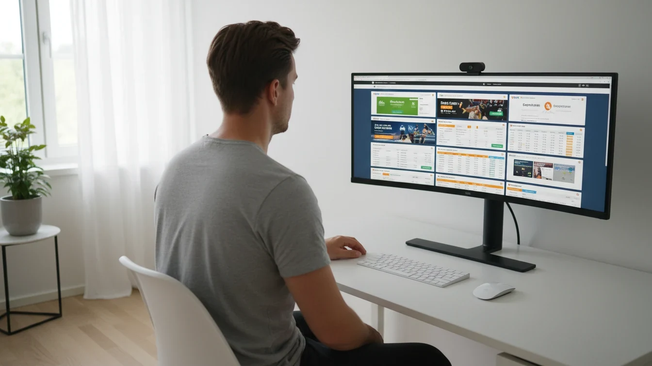 Person ved skrivebord sammenligner odds fra flere kilder på computerskærm